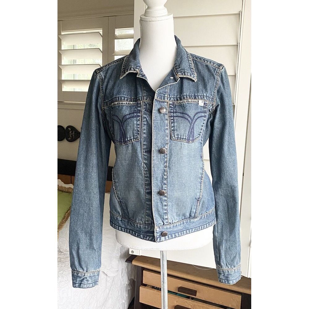 Hurley Jean Jacket Womens L Trucker Denim Button Collar Coat Blue Y2K